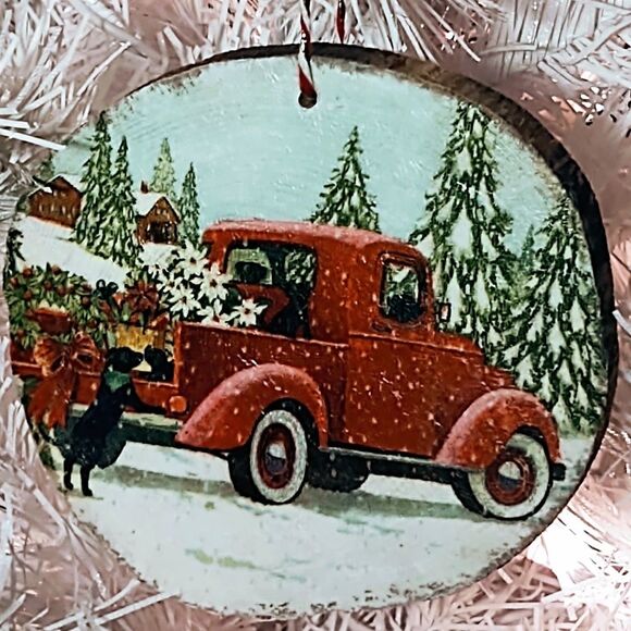 Hand Crafted Decoupage Wooden Christmas Ornament/Vintage Red Truck w/ Puppies - Picture 3 of 3